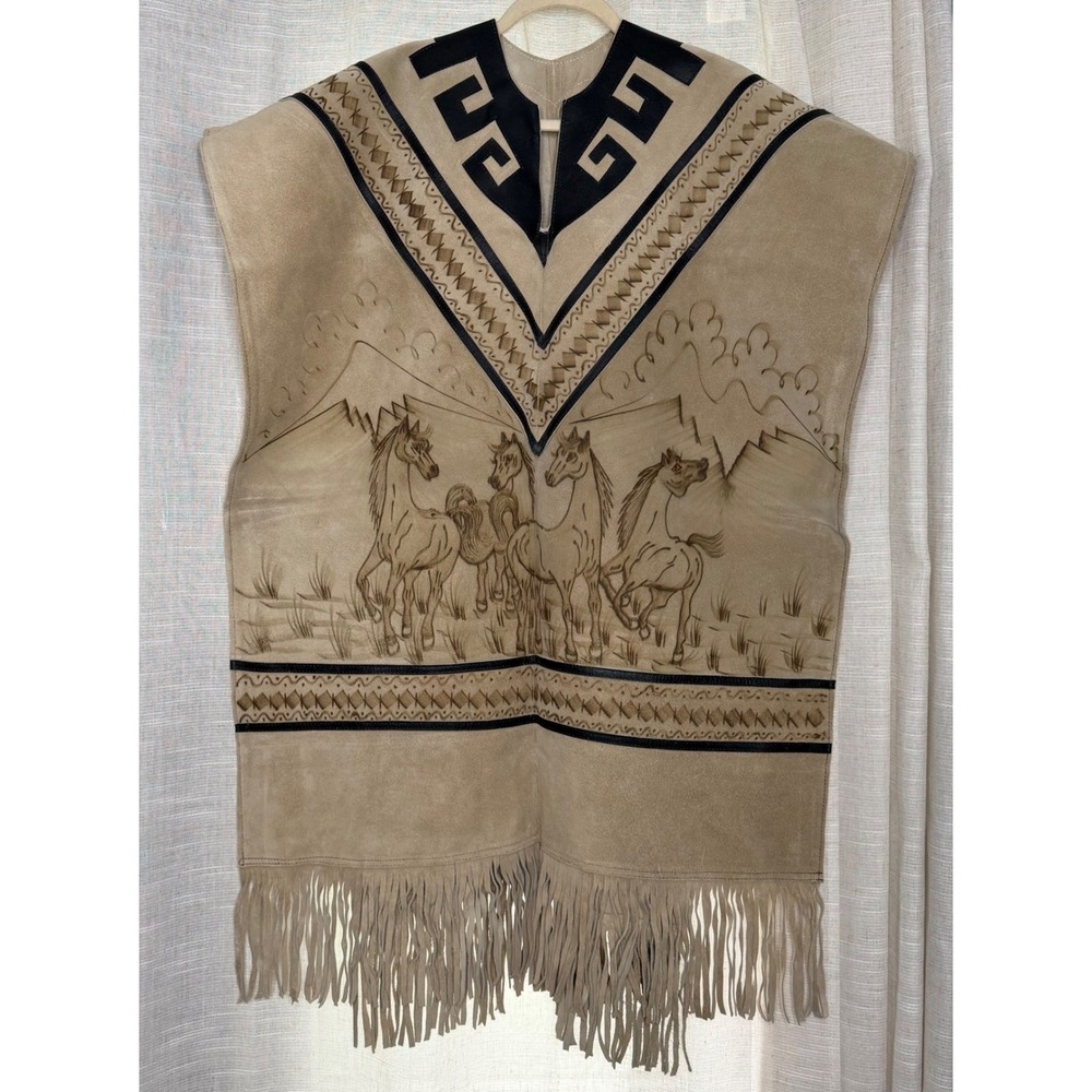 Vintage Southwestern Suede Leather Fringe Poncho Hand Tooled Horses One Size